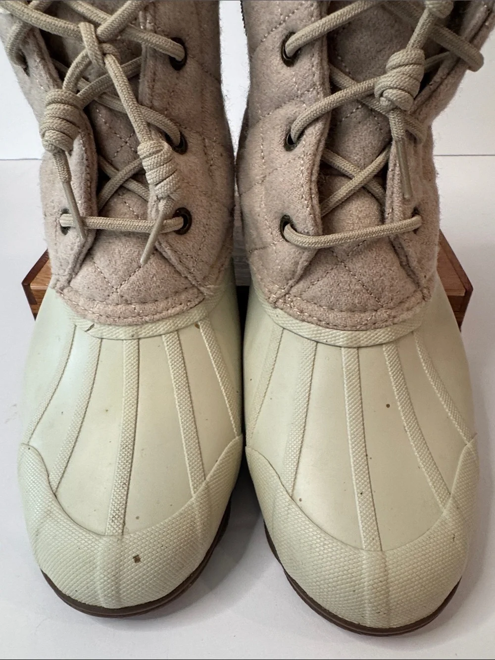 Sperry Duck Boots Quilted Wool Lace-Up Side Zip Waterproof Boots, Tan & Cream